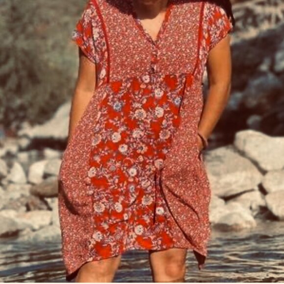 Knox Rose Dress Burnt Orange Boho Relaxed Fit Medium Buttons Floral Rayon - Picture 2 of 12